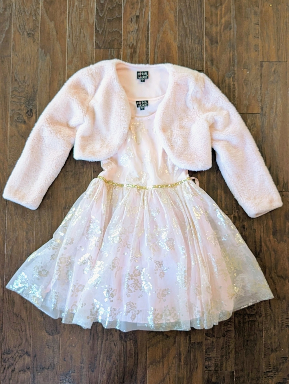Pink & Violet Girls Pale Pink Floral Gold Foil Party Dress With Bolero Size 8